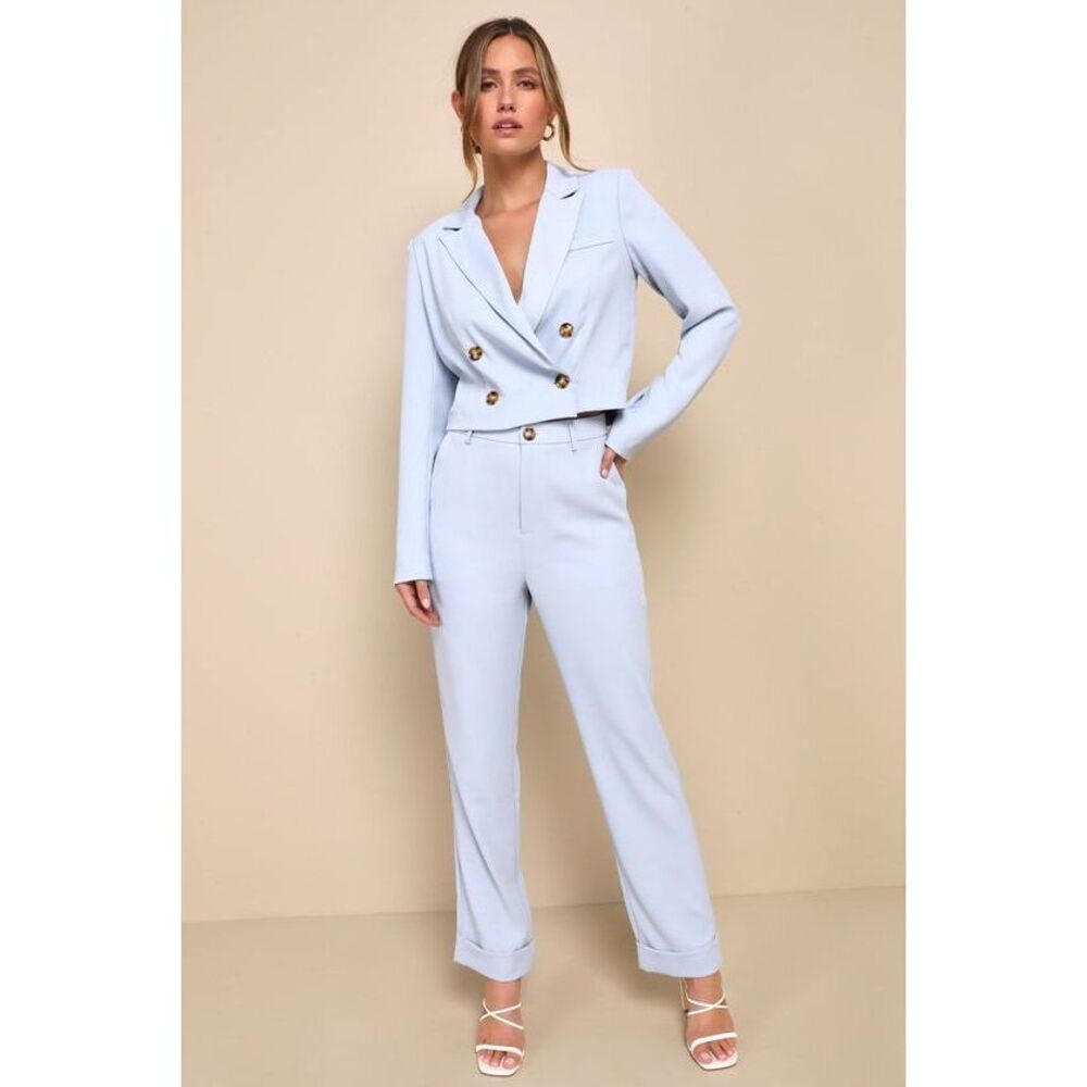 Lulus Posh Preference Light Blue Double Breasted Cropped Blazer - Size S